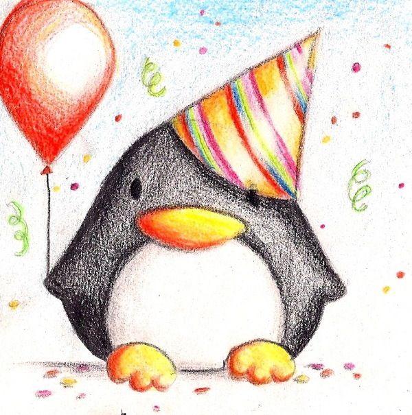 600x605 Birthday Penguin - Birthday Drawings