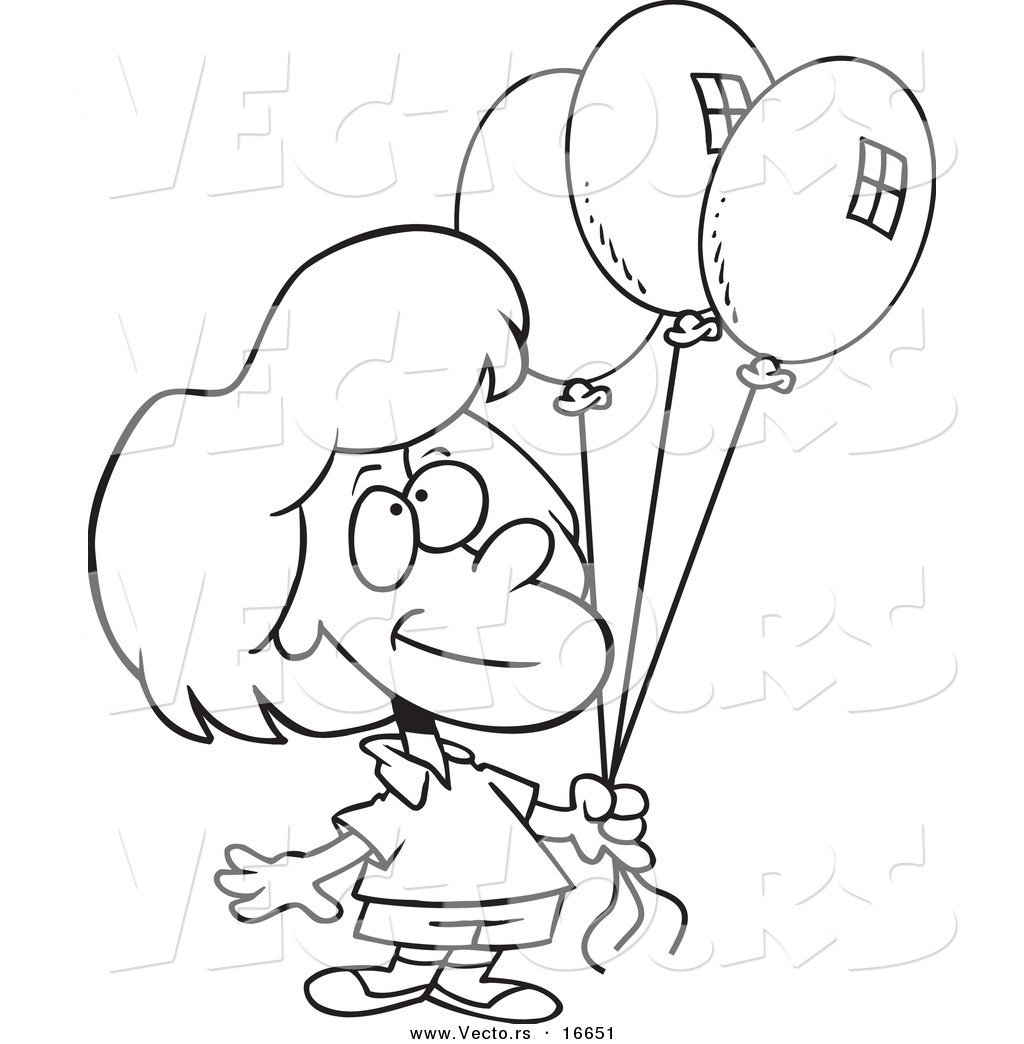 1024x1044 Vector Of A Cartoon Birthday Girl Holding Three Balloons - Birthday Girl Drawing