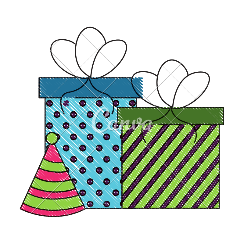 800x800 birthday gift boxes and party hat drawing - Birthday Hat Drawing
