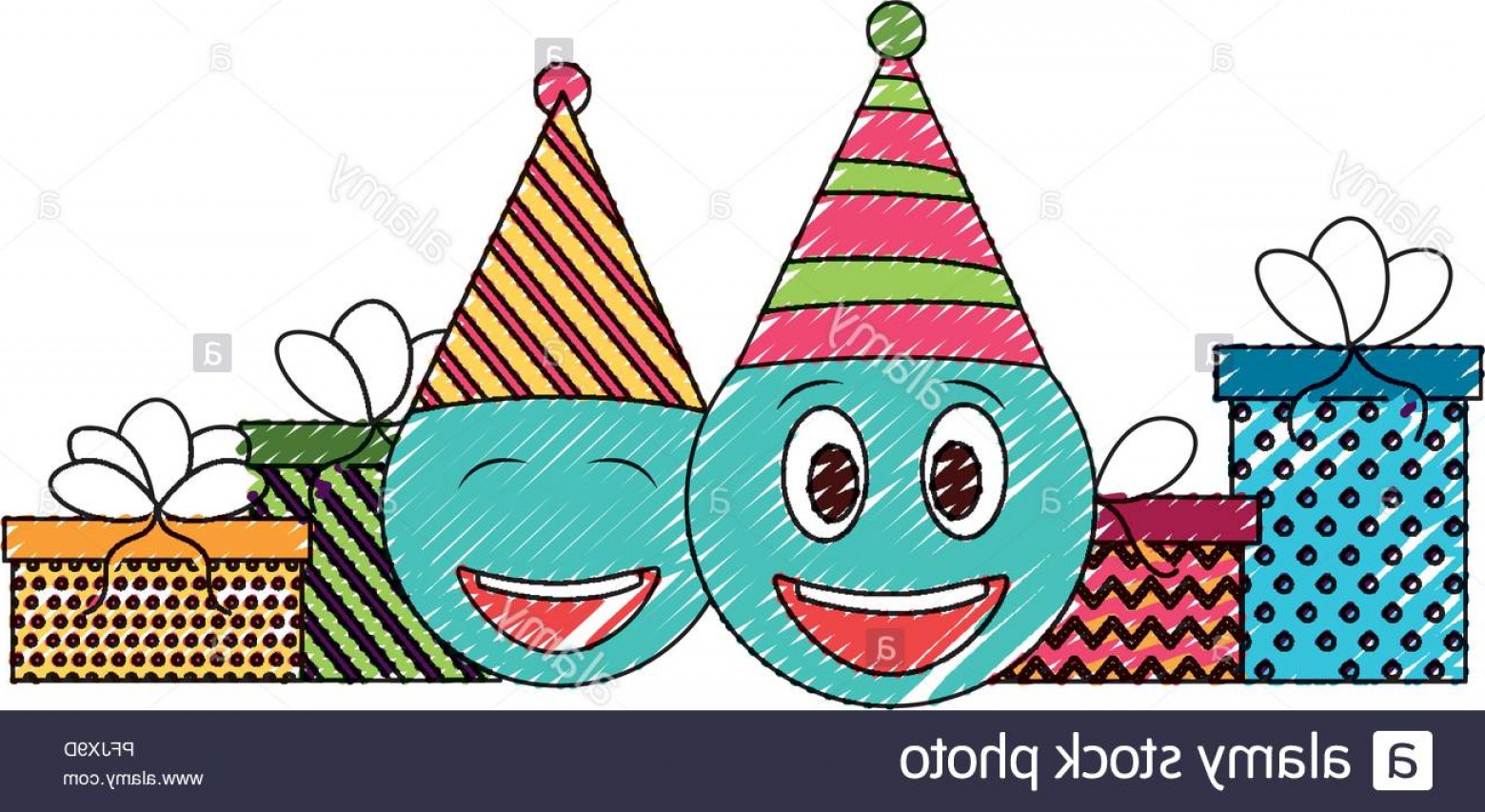 1560x853 birthday emoji face with party hat and gifts drawing color image - Birthday Hat Drawing