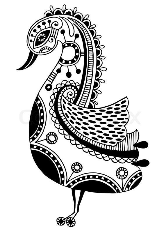 564x800 Ink Drawing Of Tribal Ornamental Bird, Stock Vector Colourbox - Black And White Bird Drawings