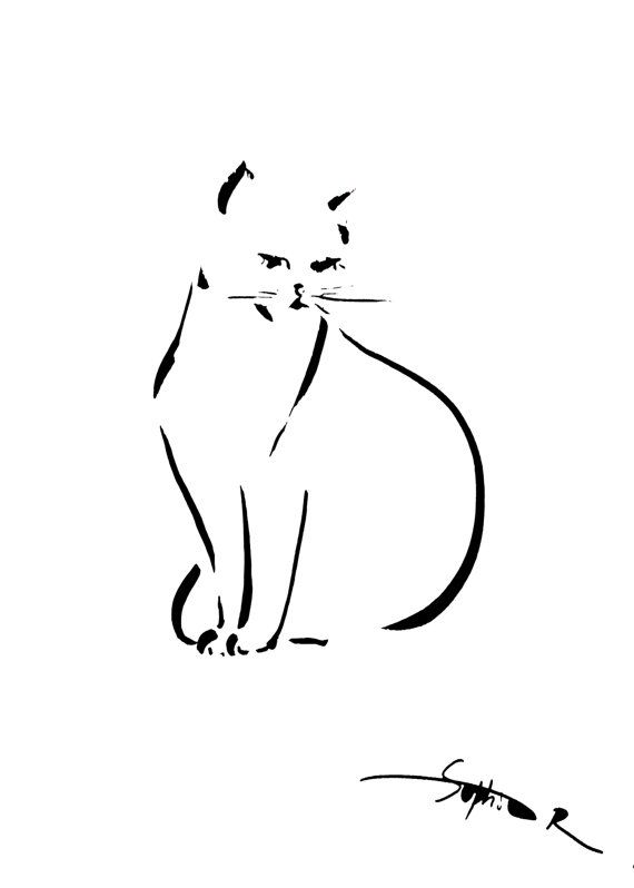 570x798 cat art print from black and white drawing, minimalist cat, modern - Black And White Cat Drawing