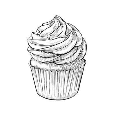 400x400 Hand Drawn Cupcake Sketch, Black And White Ink Line Art, Vintage - Black And White Cupcake Drawing