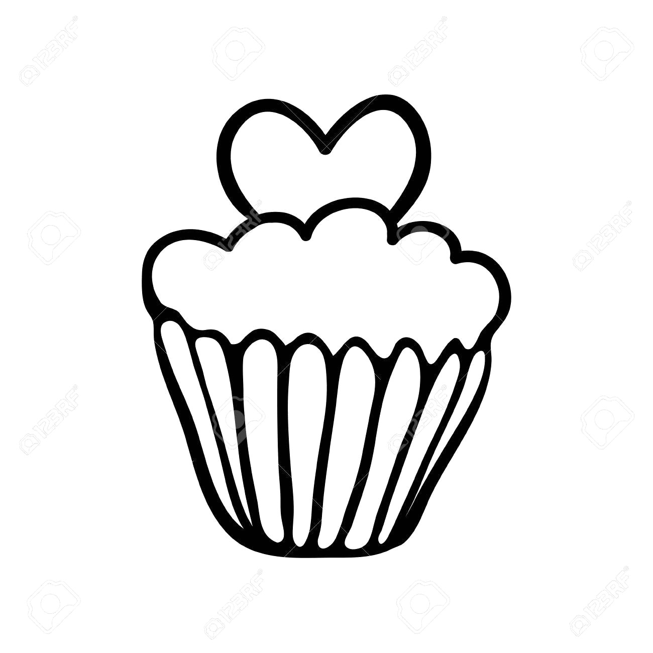 1300x1300 Valentine Cupcake Decorated With One Heart Hand Drawn - Black And White Cupcake Drawing