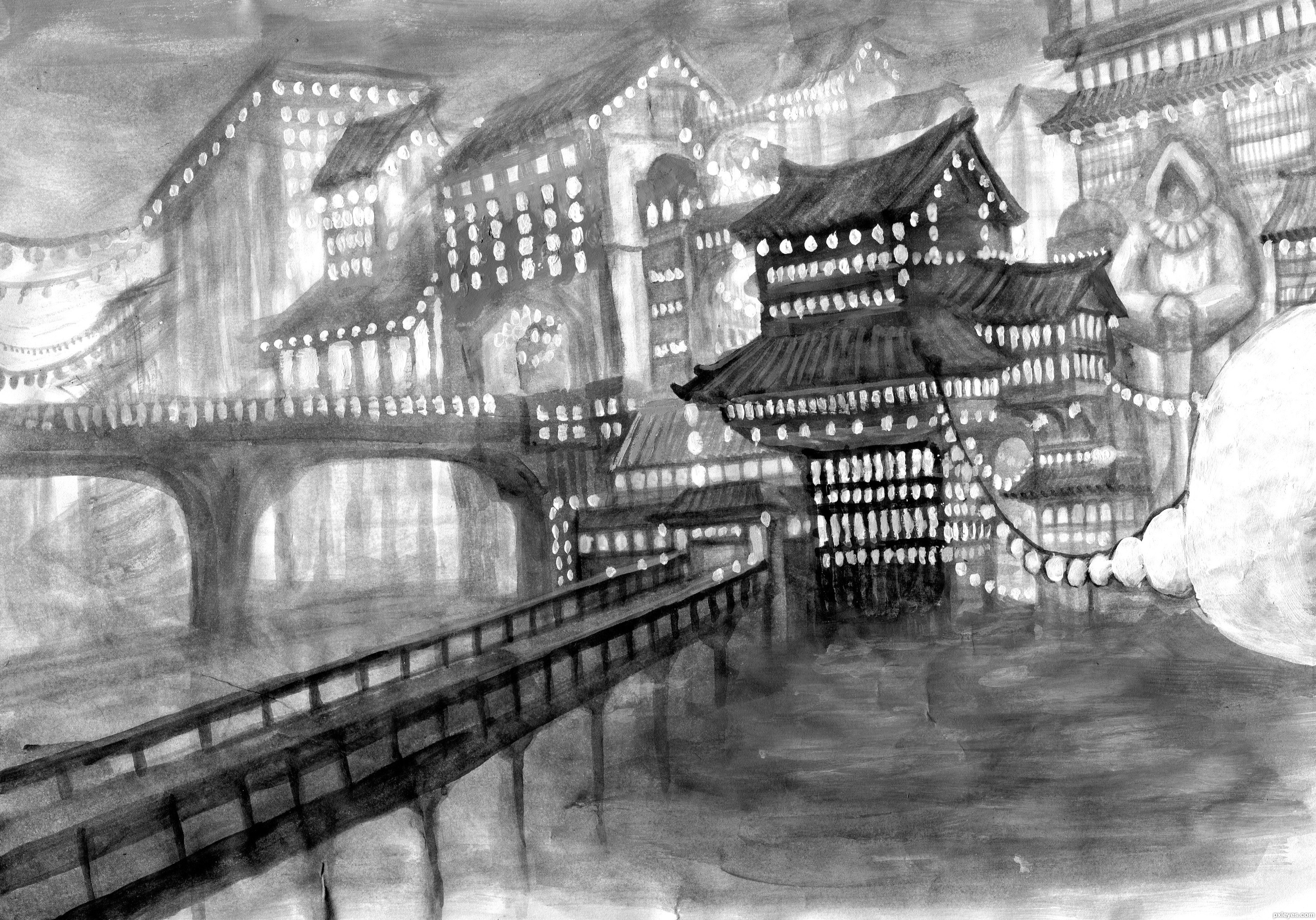 3446x2411 city of lanterns picture - Black And White Drawing Images