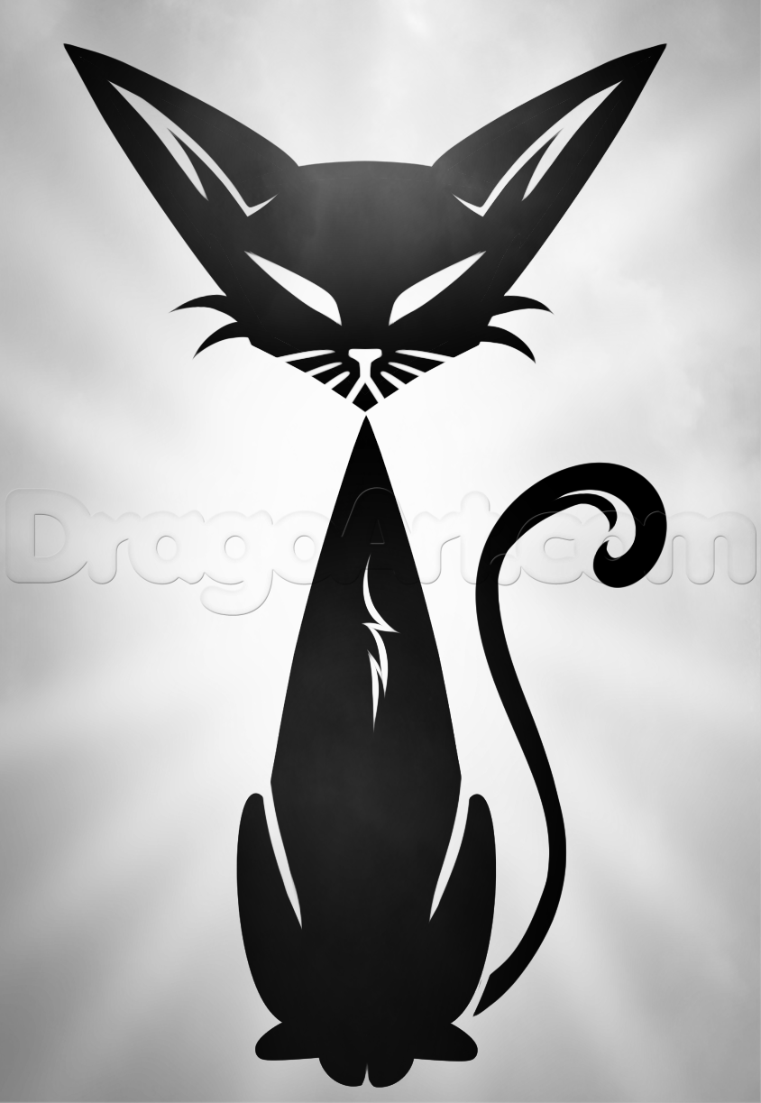 844x1223 How To Draw A Tribal Black Cat, Step - Black And White Drawing Of A Cat