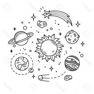 300x300 Photostock Vector Hand Drawn Solar System With Sun Planets - Black And White Drawing Of The Sun