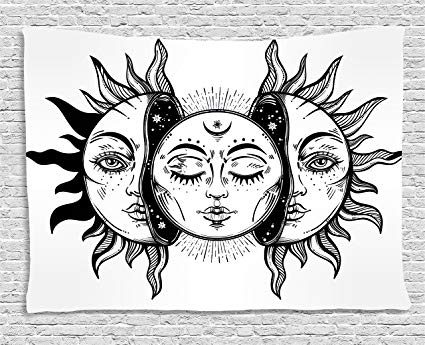 425x345 ambesonne moon tapestry, monochrome sun and moon - Black And White Drawing Of The Sun