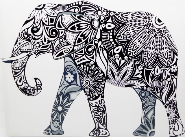 640x475 Black And White Elephant Tribal Picture Art Canvas Ready To Hang - Black And White Elephant Drawing