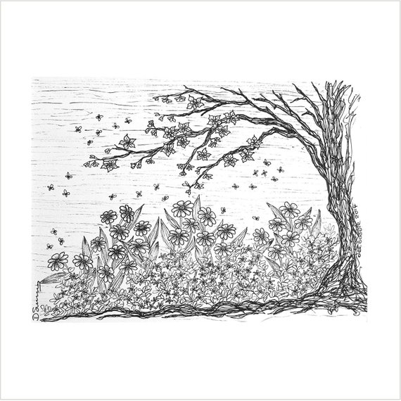 570x570 Tree And Flower Drawing Black And White Flower Garden Art Etsy - Black And White Flower Drawing