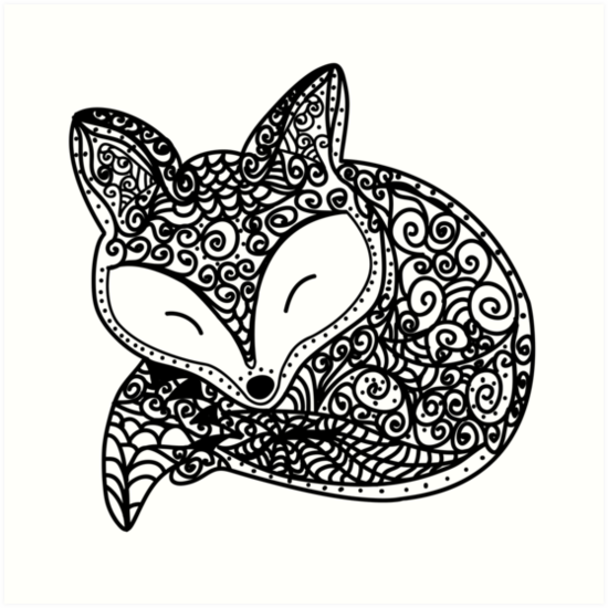 550x550 Mandala Black And White Fox Art Prints - Black And White Fox Drawing