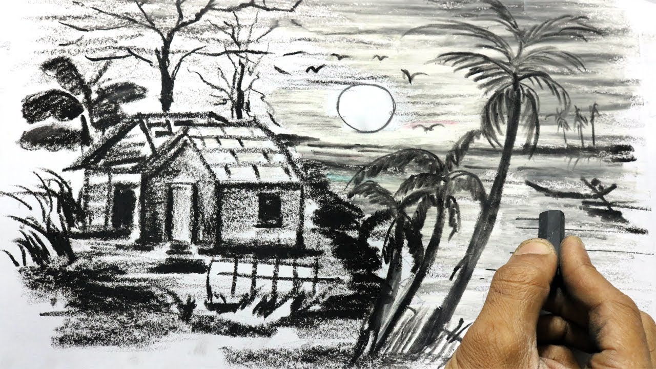 1280x720 How To Draw Black White Beautiful Nature Landscape Drawing - Black And White Landscape Drawings