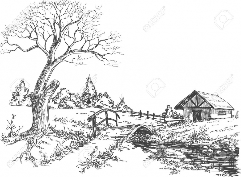 1024x752 Modern Ink Drawing Landscape - Black And White Landscape Drawings