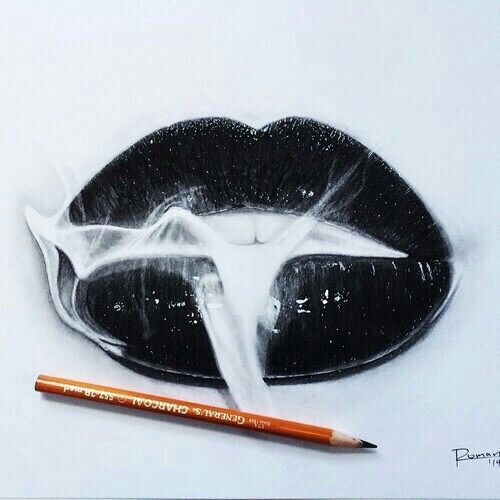 500x500 Art, Bampw, Black, Blackandwhite, Drawing, Lips, Pencil, Smoke - Black And White Lips Drawing