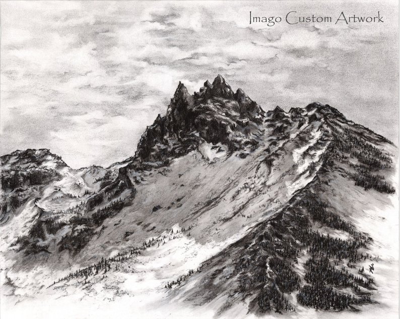 794x633 Fine Art Greeting Card Charcoal Drawing Mountain Oregon Etsy - Black And White Mountain Drawing