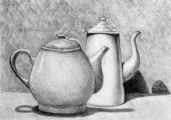 550x387 Still Life Drawing Illustration Of Teapots Posters - Black And White Still Life Drawings