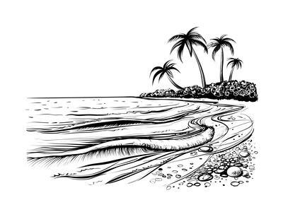400x300 Ocean Or Sea Beach With Waves, Sketch Black And White Vector - Black And White Wave Drawing