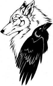 176x286 Black And White Wolf And Crow Tattoo Design - Black And White Wolf Drawing