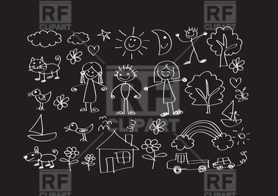 400x283 kid's drawing with happy family on black background vector image - Black Background Drawing