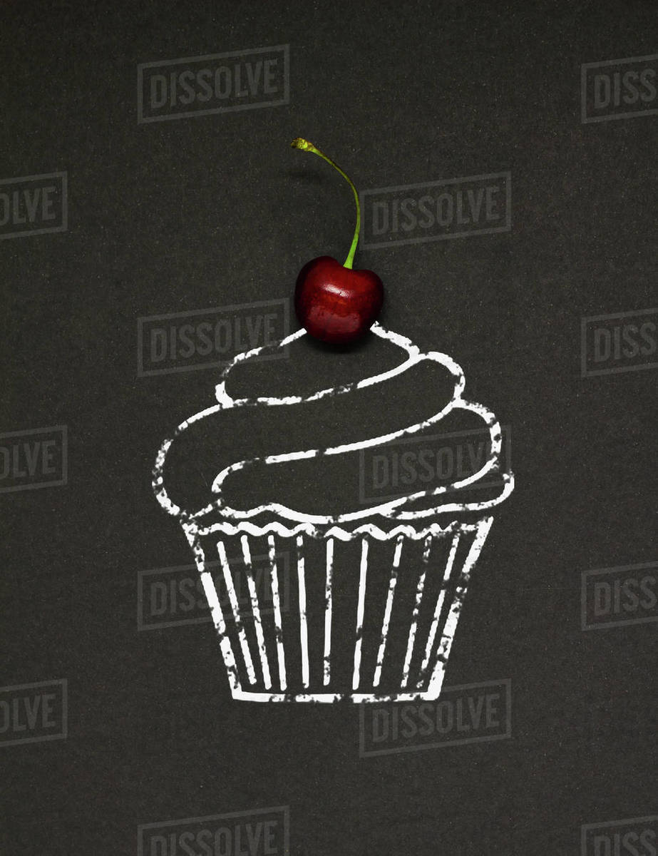 923x1200 Optical Illusion Of Cherry On Cupcake Chalk Drawing Over Black - Black Background Drawing