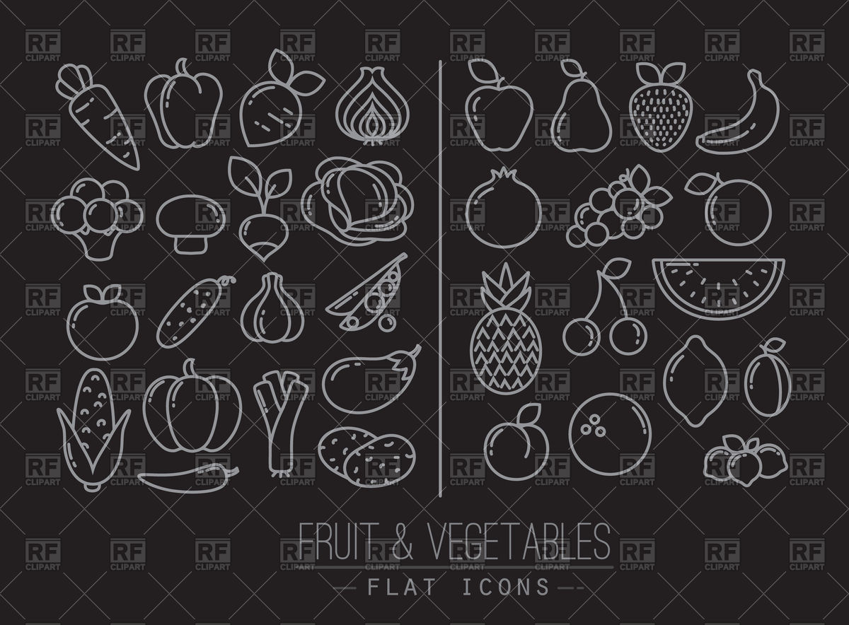 1200x884 Set Of Flat Fruits Icons And Vegetables Drawing With White Lines - Black Background Drawing