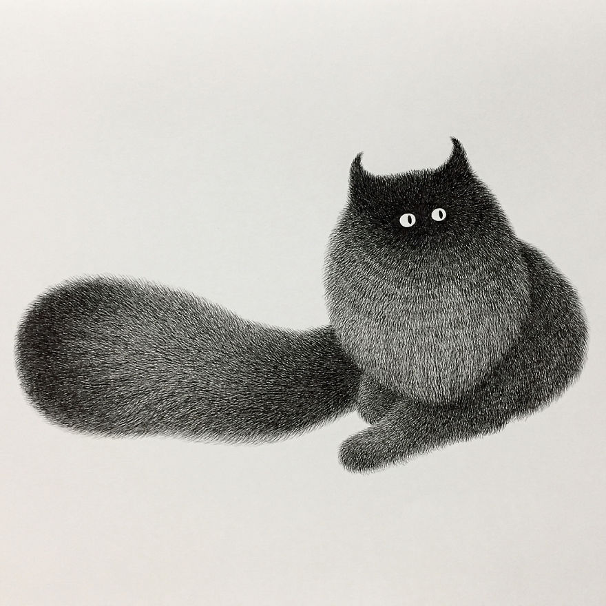 880x880 Malaysian Artist Creates Fluffy Cats Using Just Ink And The Result - Black Cat Drawing Images
