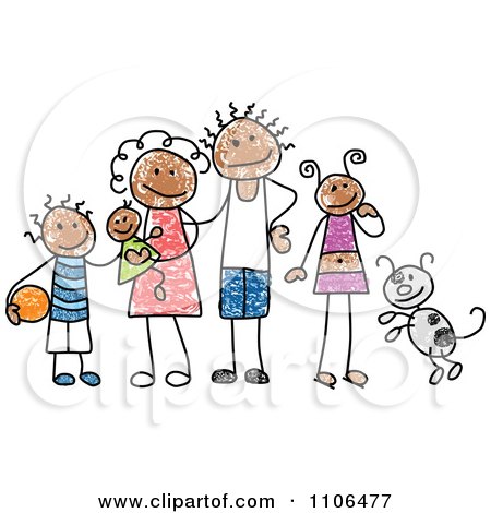 450x470 Clipart Black And White Stick Drawing Of A Happy Family With Their - Black Family Drawing