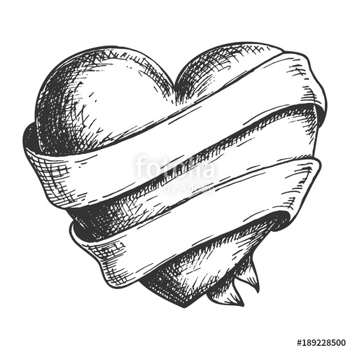 500x500 hand drawn heart with ribbon, black and white draft sketch - Black Heart Drawing