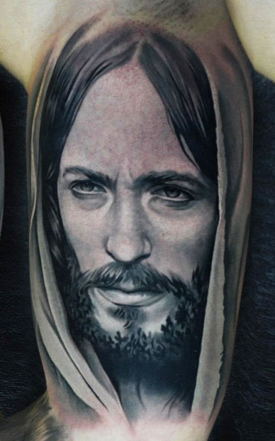 388x620 bicep grey and black jesus tattoo - Black Jesus Drawing