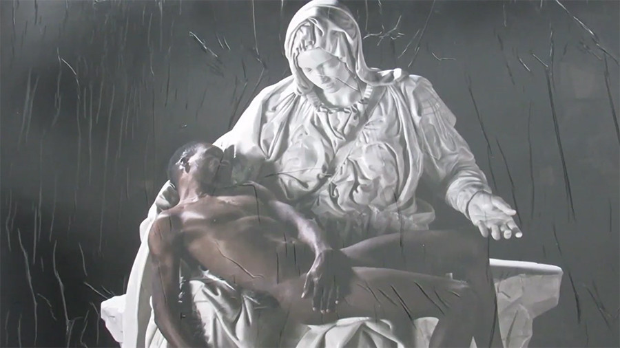 900x506 Black Jesus' Virgin Mary Cradles Refugee In Italian Artwork - Black Jesus Drawing