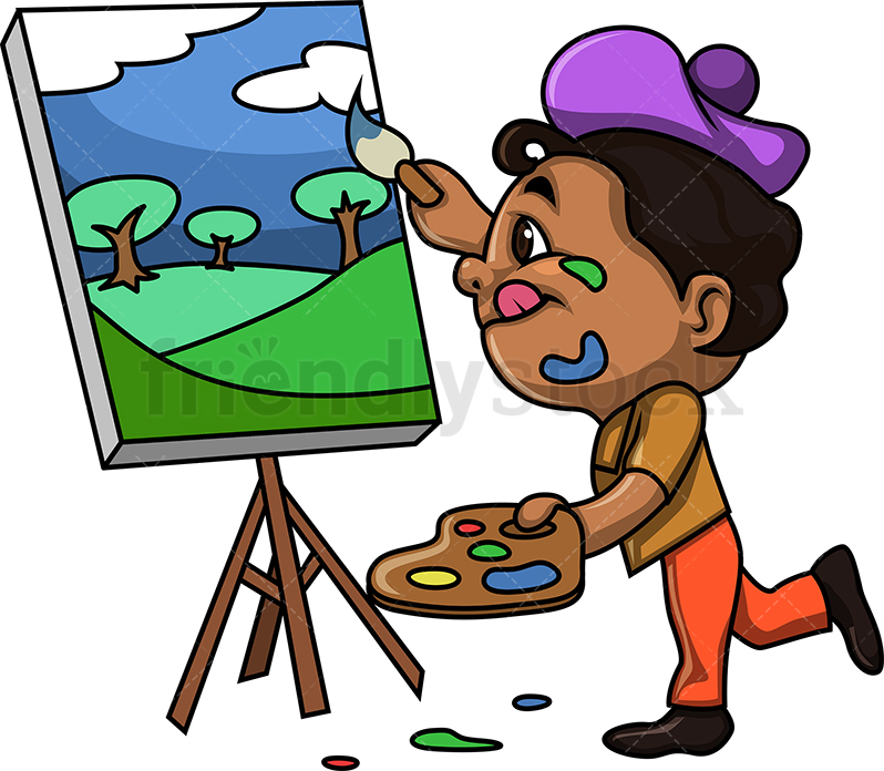 798x696 Black Kid Painting A Landscape Cartoon Clipart Vector - Black Kid Drawing