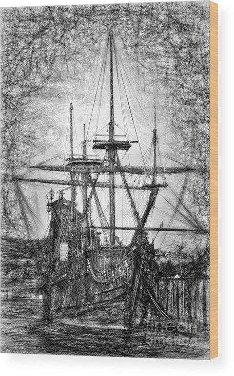 456x732 Black Pearl Ship Drawing Wood Print - Black Pearl Drawing