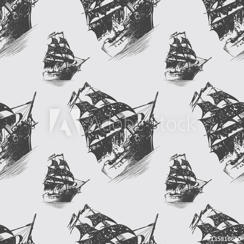 500x500 Seamless Pattern With Pirate Ships Hand Drawn Vector Illustration - Black Pearl Ship Drawing