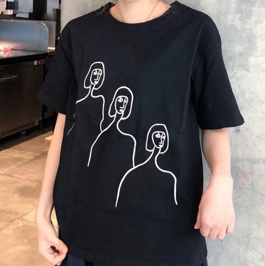 515x517 itgirl shop drawing three faces black embroidery sew lines - Black T Shirt Drawing