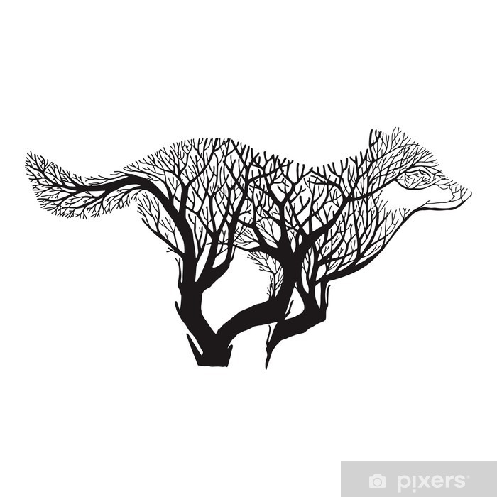 700x700 wolf run silhouette double exposure blend tree drawing tattoo - Black Tree Drawing