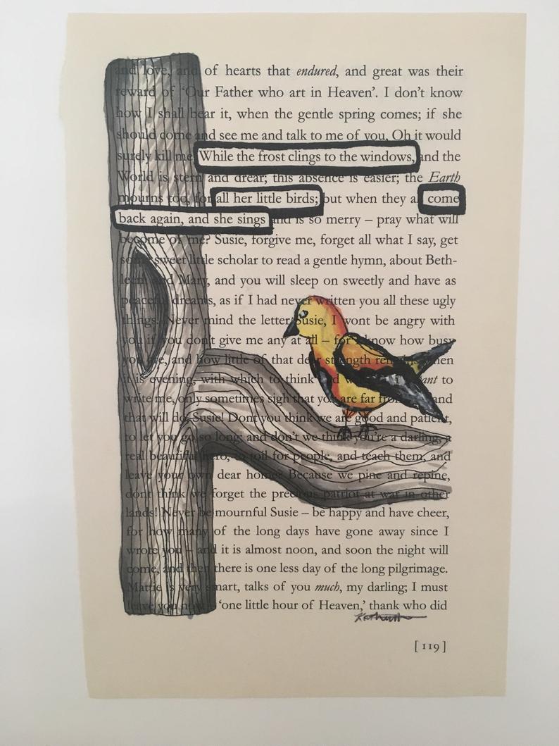 794x1059 the little bird blackout poetry word art book novel book etsy - Blackout Drawing