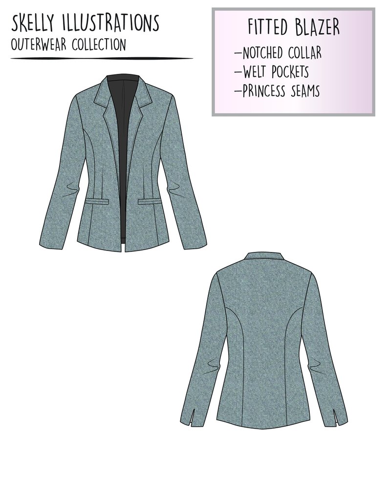 794x1028 fashion technical vector illustration womens fitted blazer etsy - Blazer Drawing