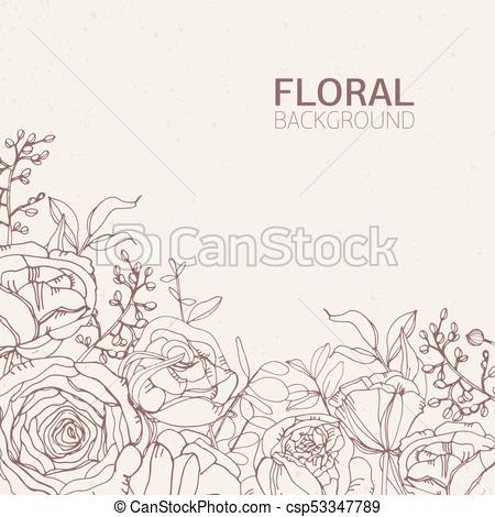 450x470 floral square backdrop with gorgeous blooming rose flowers, leaves - Blooming Rose Drawing
