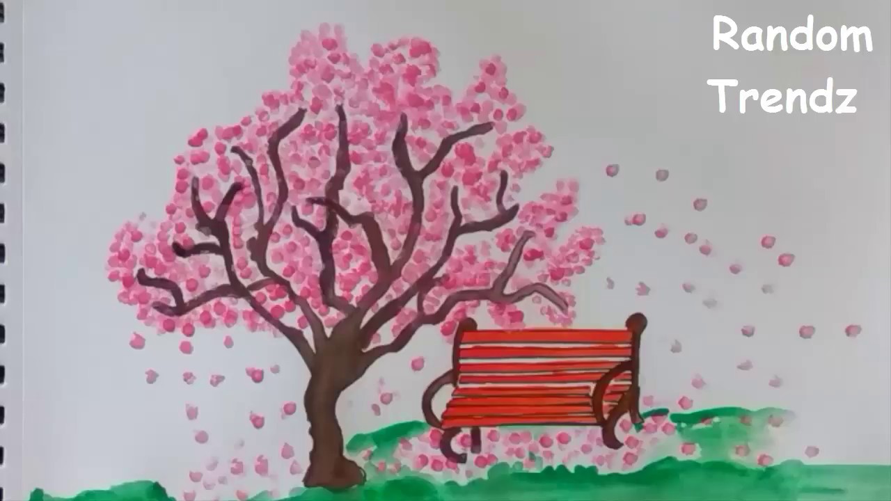 1280x720 Cherry Blossom Flowers,tree Drawing Using Water Color And Cotton - Blossom Tree Drawing