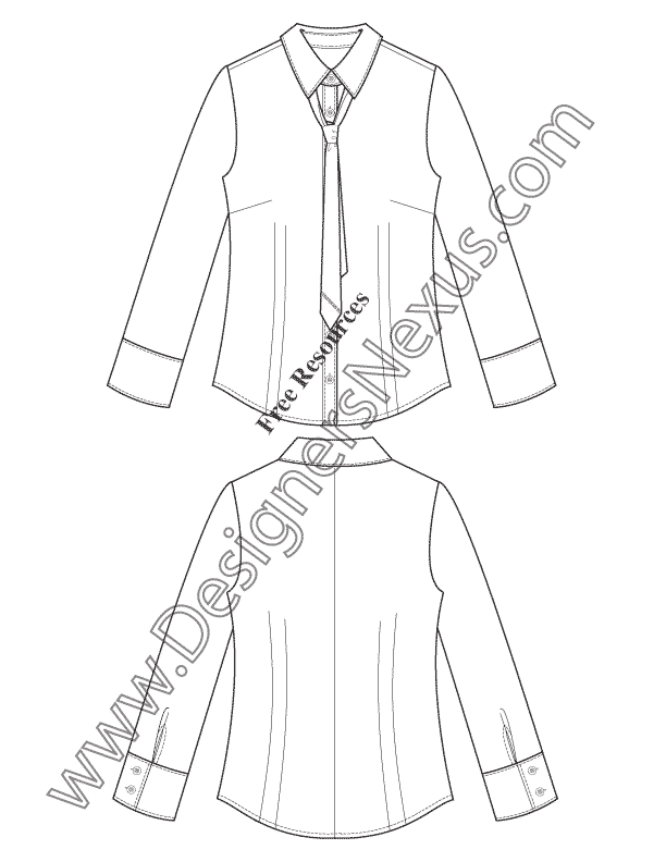 612x792 long sleeve necktie blouse flat fashion sketch - Blouse Flat Drawing