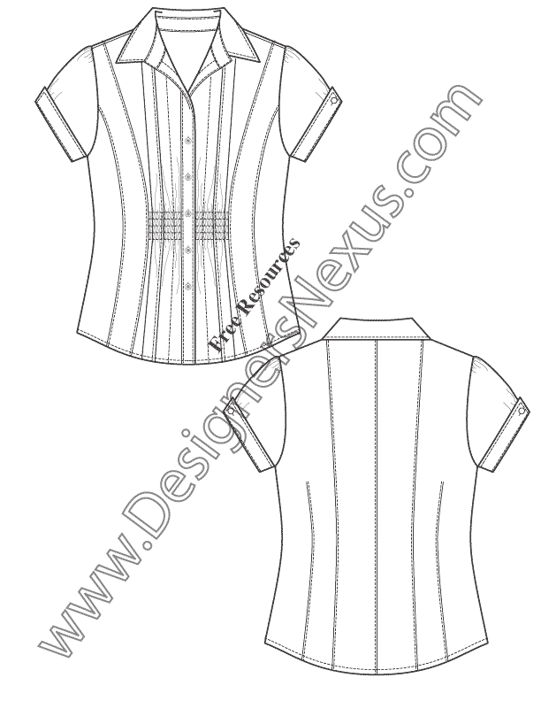 612x792 smocked front blouse flat fashion sketch template illustrator - Blouse Flat Drawing