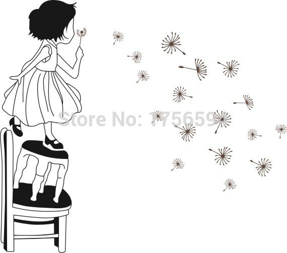 570x503 girl blowing dandelion wall stickers bedroom bedside background - Blowing Dandelion Drawing