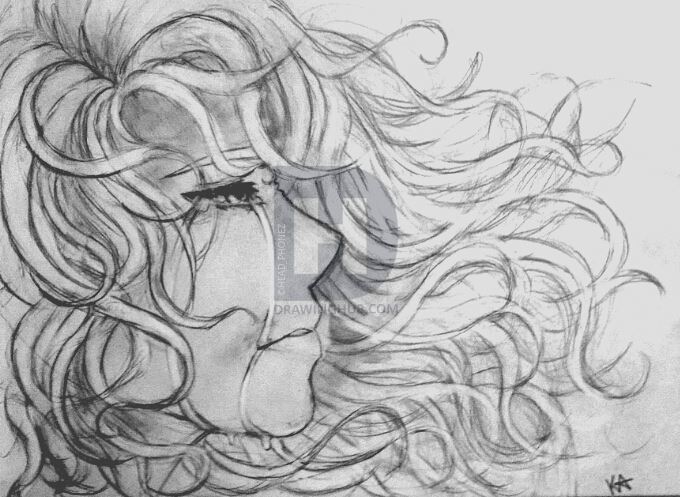 680x497 sad girl with wind blown hair drawing - Blowing Hair Drawing