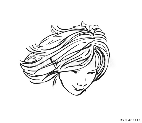500x431 vector sketch of teenage girl head with long blowing hair, hand - Blowing Hair Drawing
