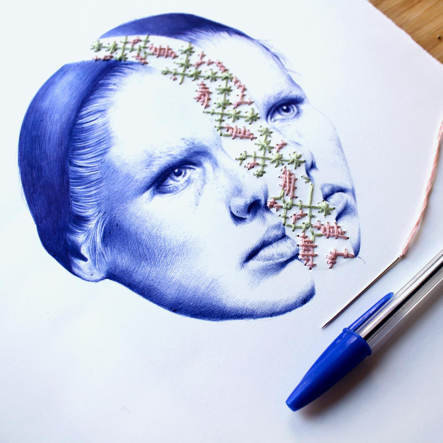 1417x1417 Surreal Drawings Created From Ballpoint Pen And Embroidery - Blue Drawings