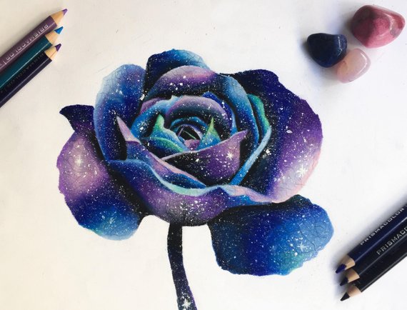 570x434 Galaxy Flower Drawing Print Wall Art Colorful Sky Etsy - Blue Flower Drawing