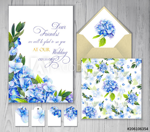 500x439 Set Of Templates For Greetings Or Invitations To The Wedding Blue - Blue Hydrangea Drawing