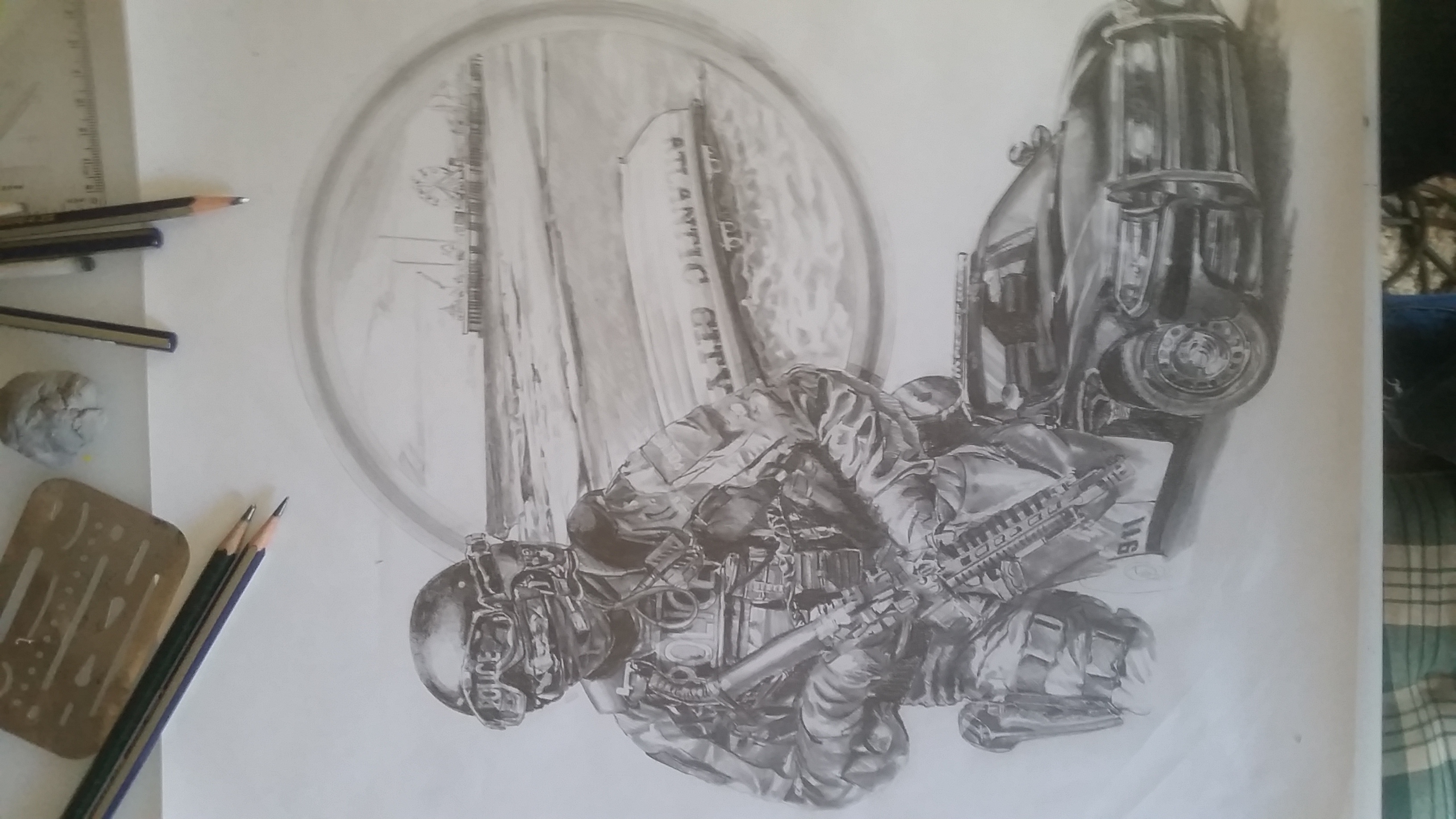 3264x1836 Police Security Expo New Art Work - Blue Line Drawing