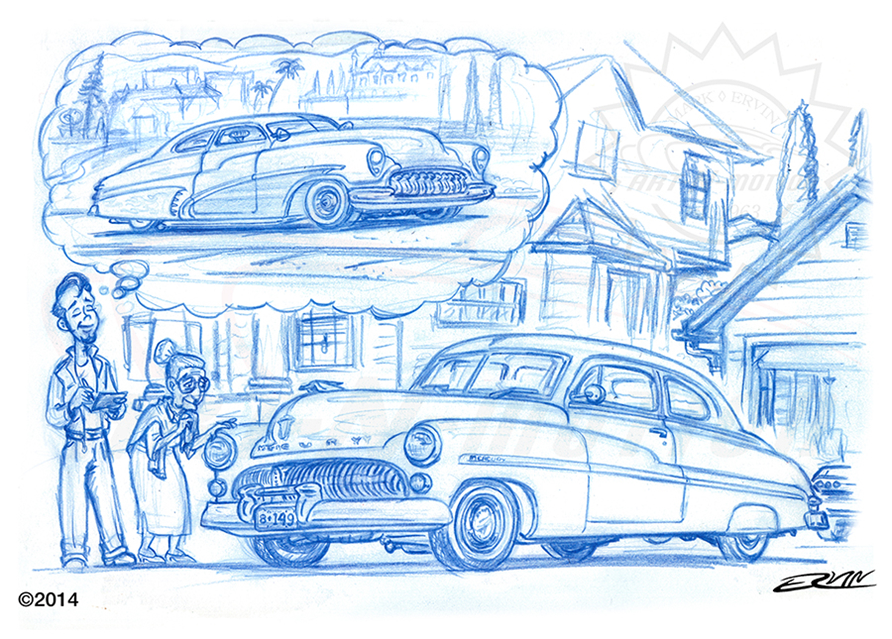 3000x2150 toon up! the automotive art of mark ervin hemmings daily - Blue Line Drawing