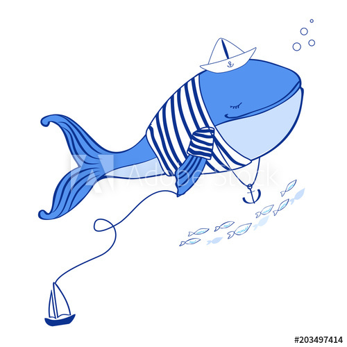 500x500 blue whale in jacket vest with paper boat and anchor cartoon - Blue Whale Line Drawing